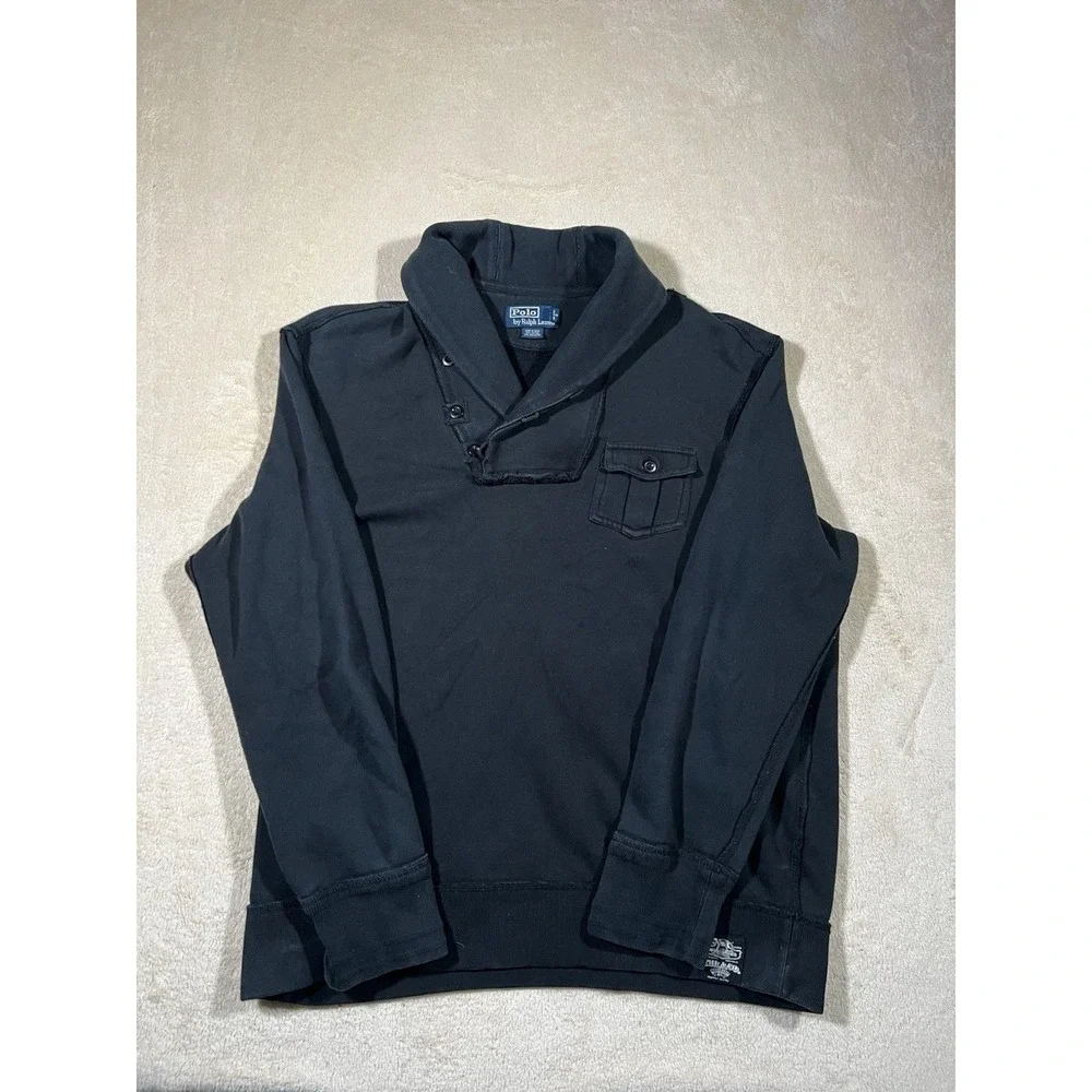 Vintage Polo Ralph Lauren Shawl Collar Pullover Size XXL Black Cotton Preppy
